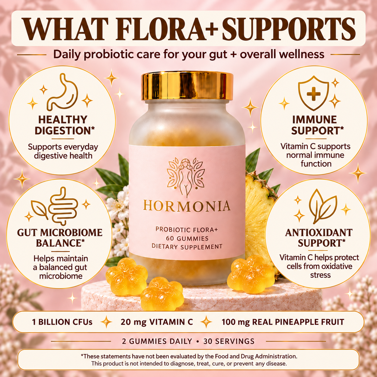 Probiotic Flora+ Gummies for Women Pineapple Probiotic for Gut Digestive & Feminine Flora Support Bacillus coagulans Vitamin C Real Pineapple Extract 60 Gummies