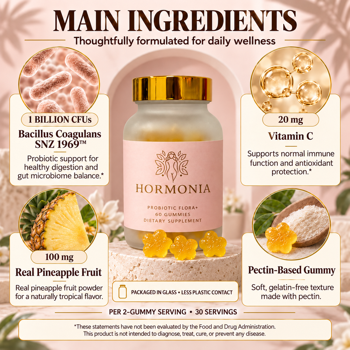 Probiotic Flora+ Gummies for Women Pineapple Probiotic for Gut Digestive & Feminine Flora Support Bacillus coagulans Vitamin C Real Pineapple Extract 60 Gummies
